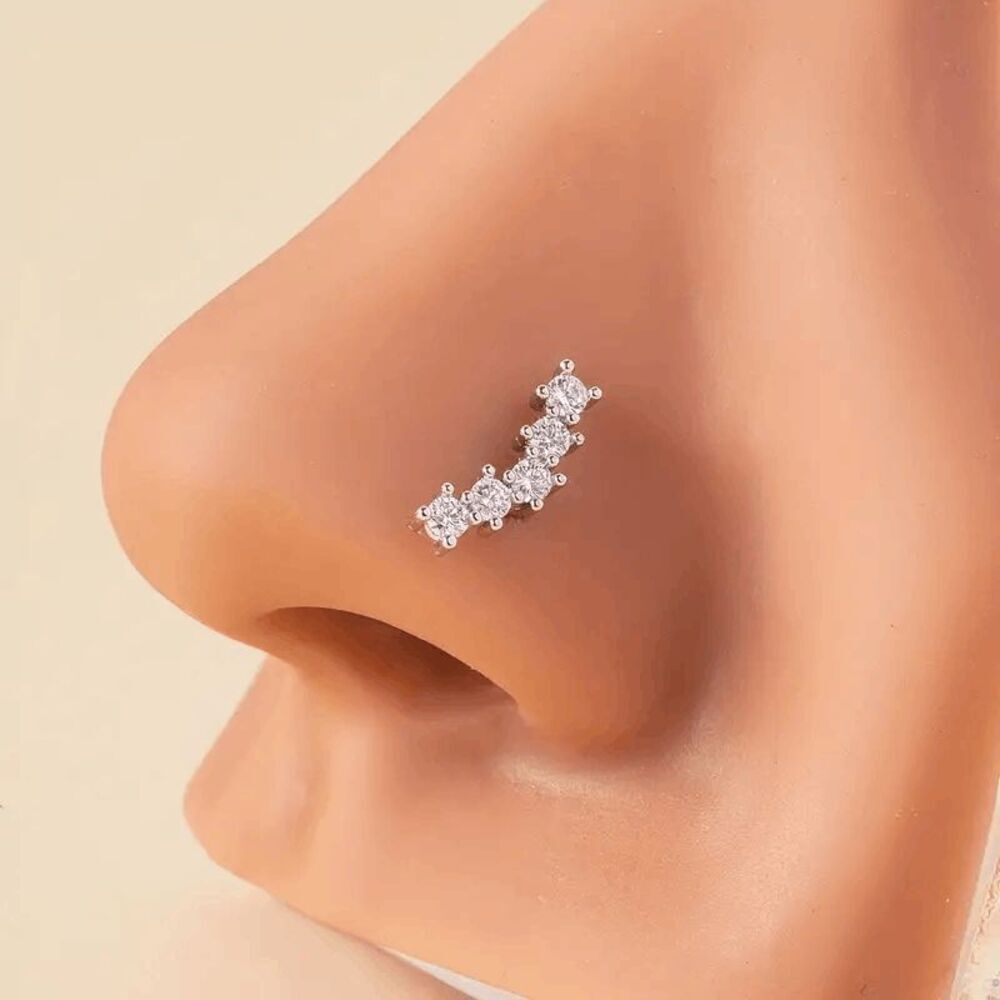 WHITE GOLD DIAMOND INLAY L ROD NOSE RING - Picture 6 of 6